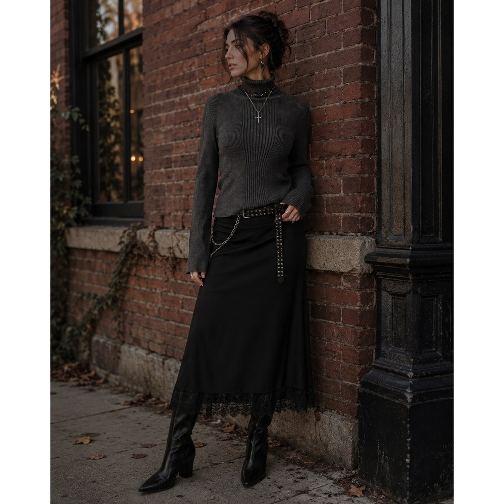 United States Sweaters Gray Ribbed Turtleneck Sweater Y2K Flare Sleeve